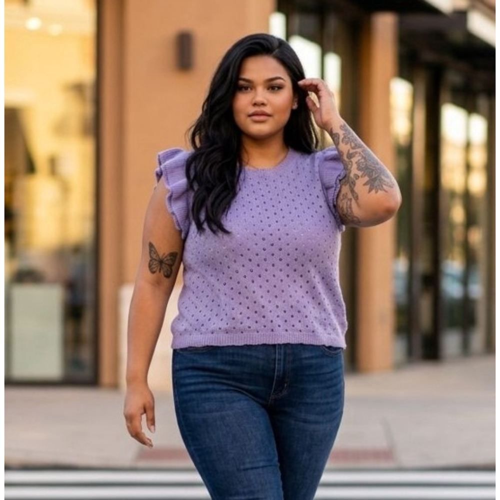 Women's NWOT BLAKELEY Pastel Lilac Eyelet Ruffle Sleeve Crew Neck Sweater 2X